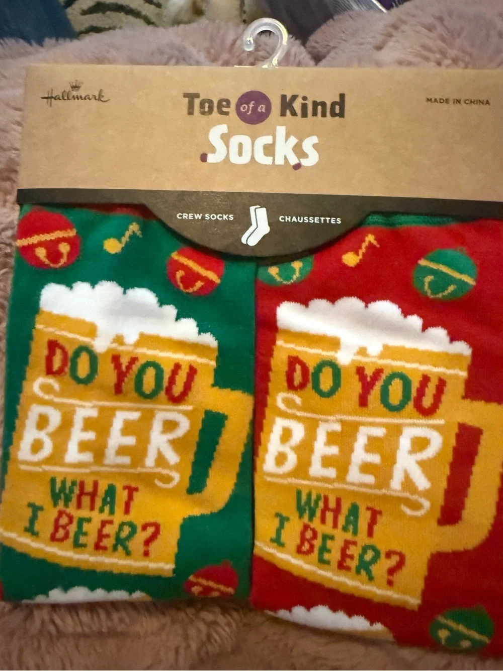 Cotton blend novelty crew socks, Hallmark - Beer-themed Christmas socks 2-pack